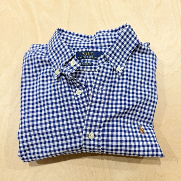 Polo Ralph Lauren Men's Medium Blue White Gingham Check Oxford Shirt Flesh Pony - Picture 10 of 10